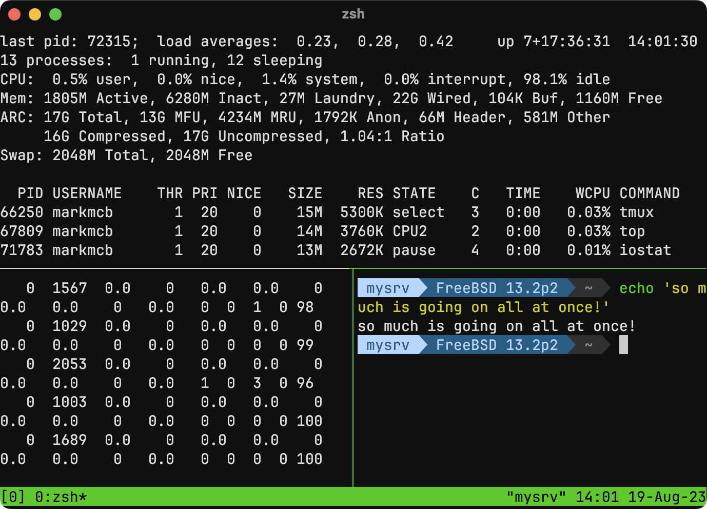 tmux panes with activity