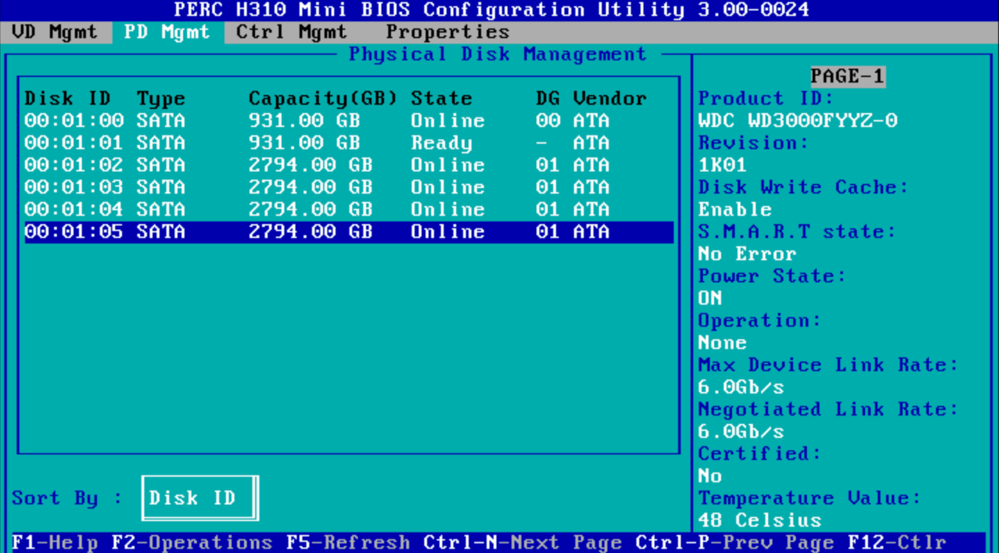 PERC H310 BIOS: 00:01:06 and 00:01:07 not listed when no drives are inserted.